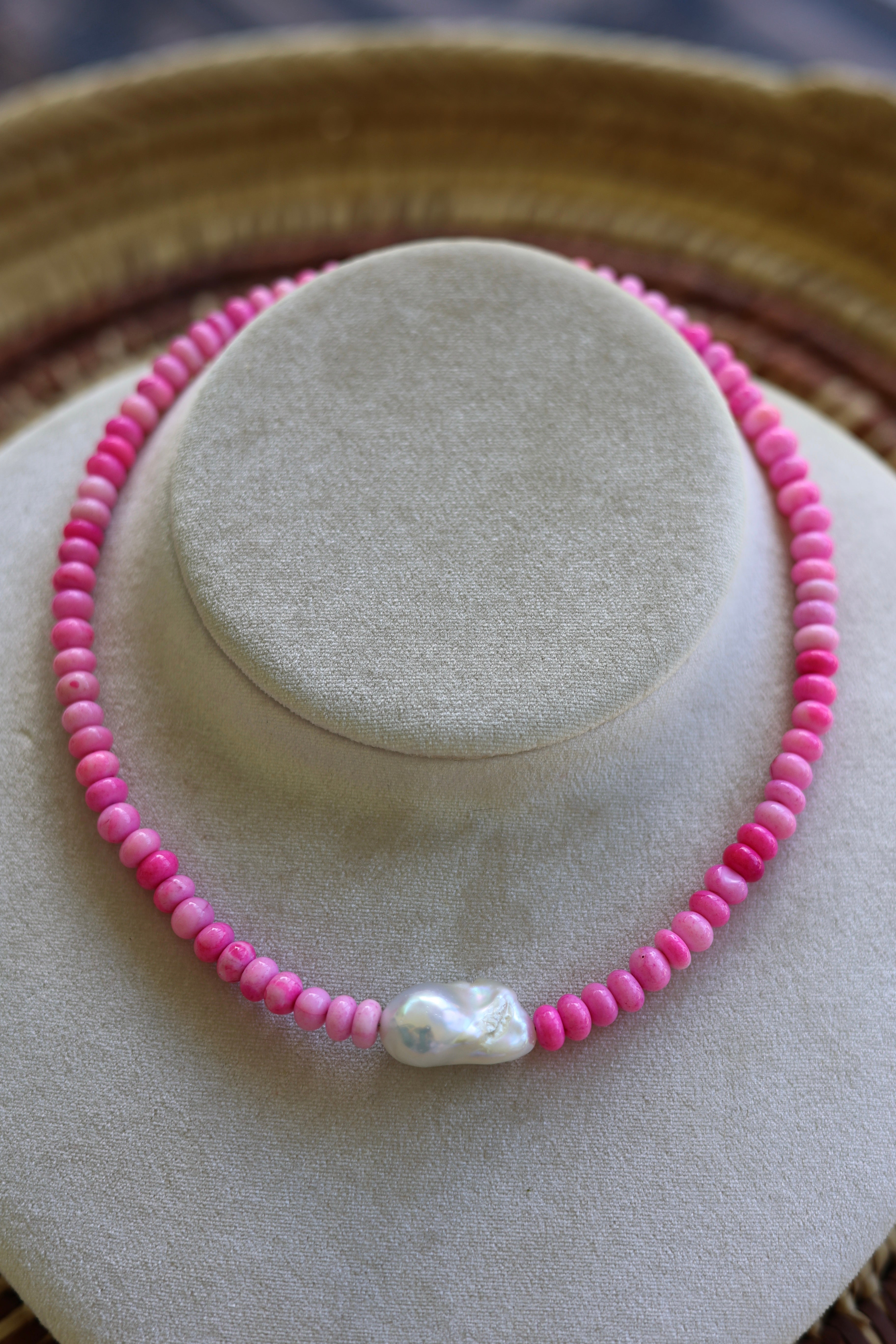 Pink Opal & Freshwater Pearl Necklace 16-18”