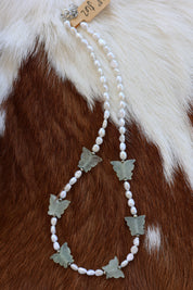 Freshwater Pearl & Jade Butterfly Necklace 16-18”