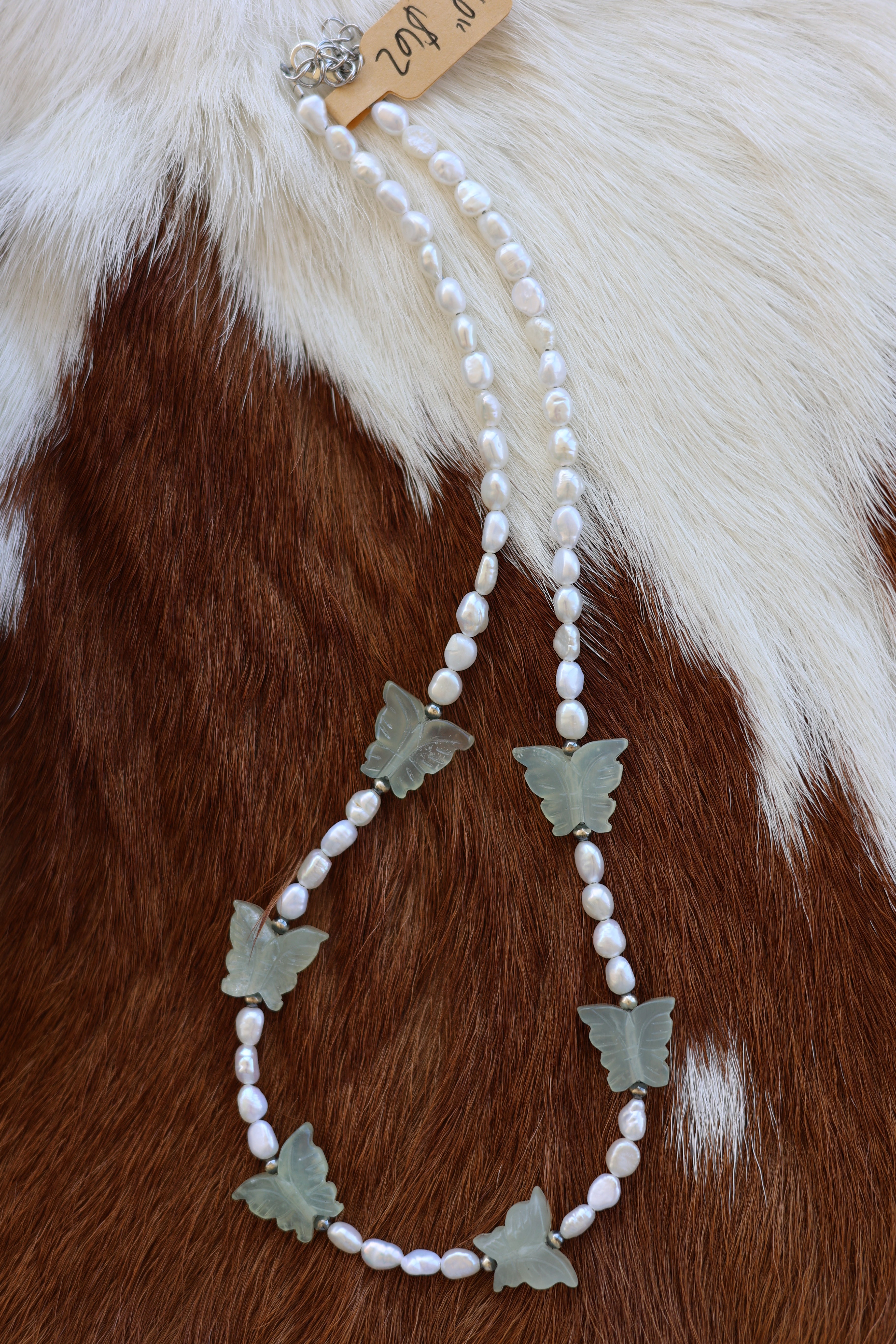 Freshwater Pearl & Jade Butterfly Necklace 16-18”