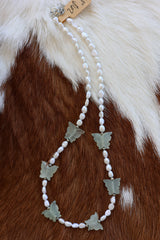 Freshwater Pearl & Jade Butterfly Necklace 16-18”