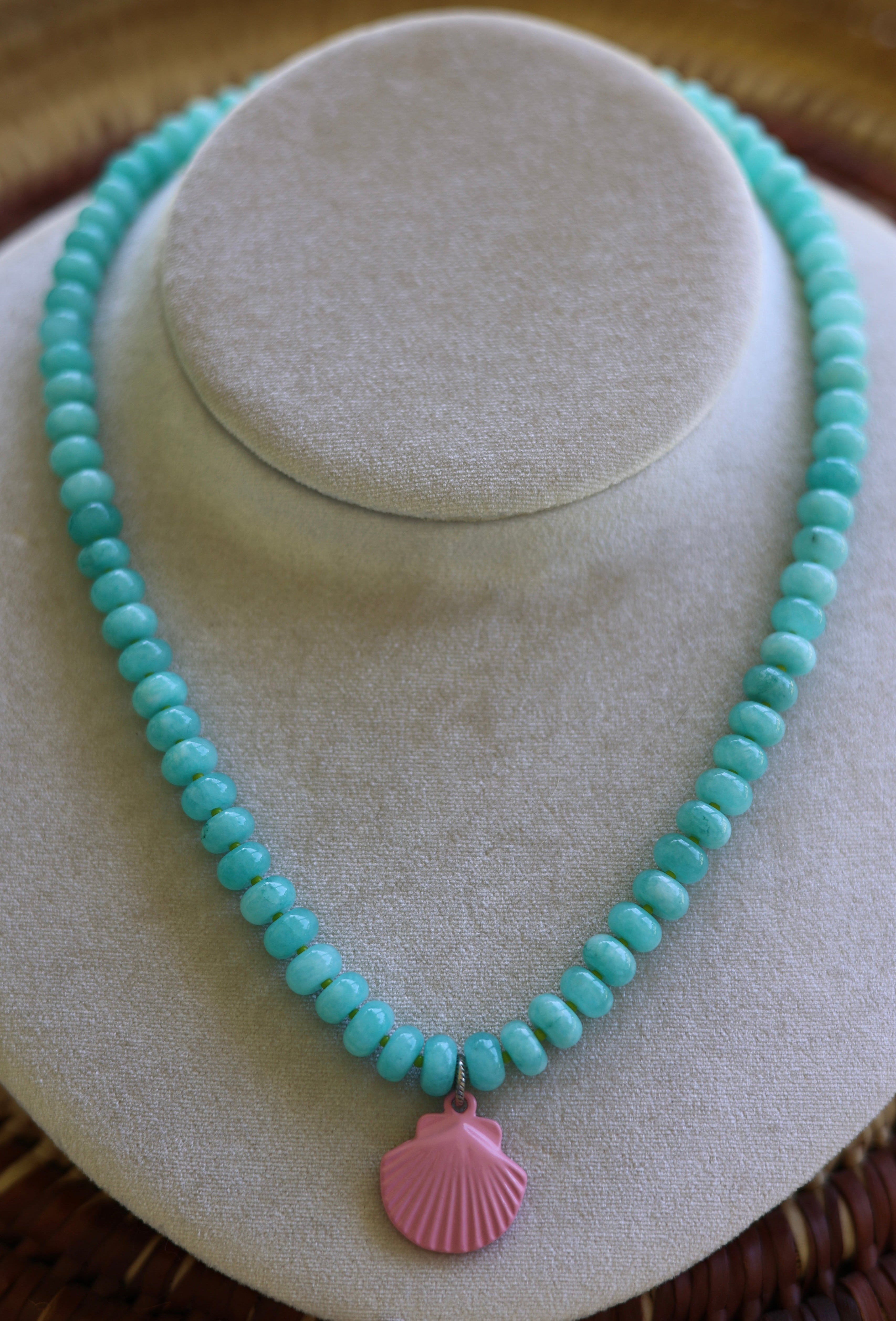 Blue Jade & Green Czech Glass Seashell Necklace 18-20”