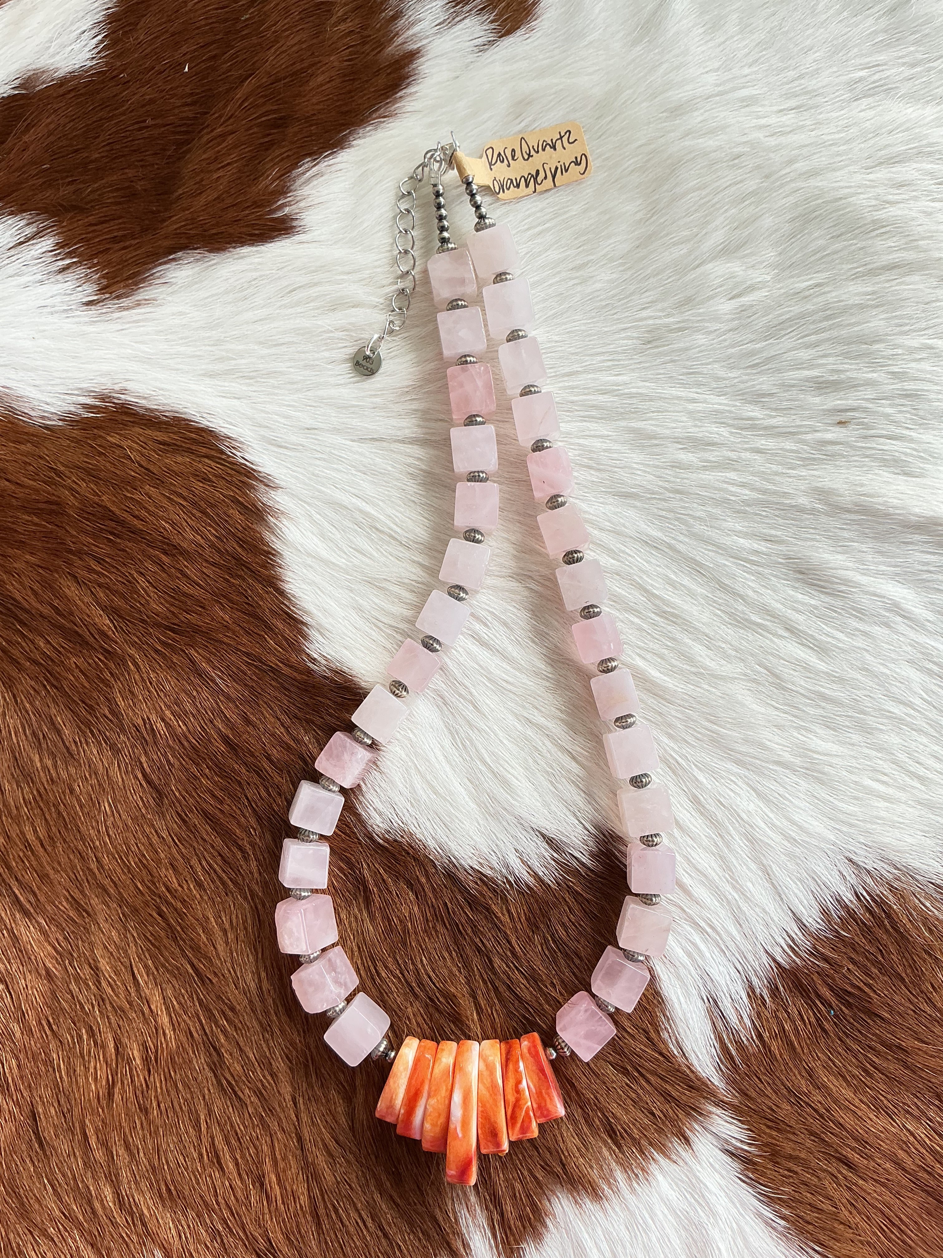 Rose Quartz & Orange Spiny Necklace 17-19”