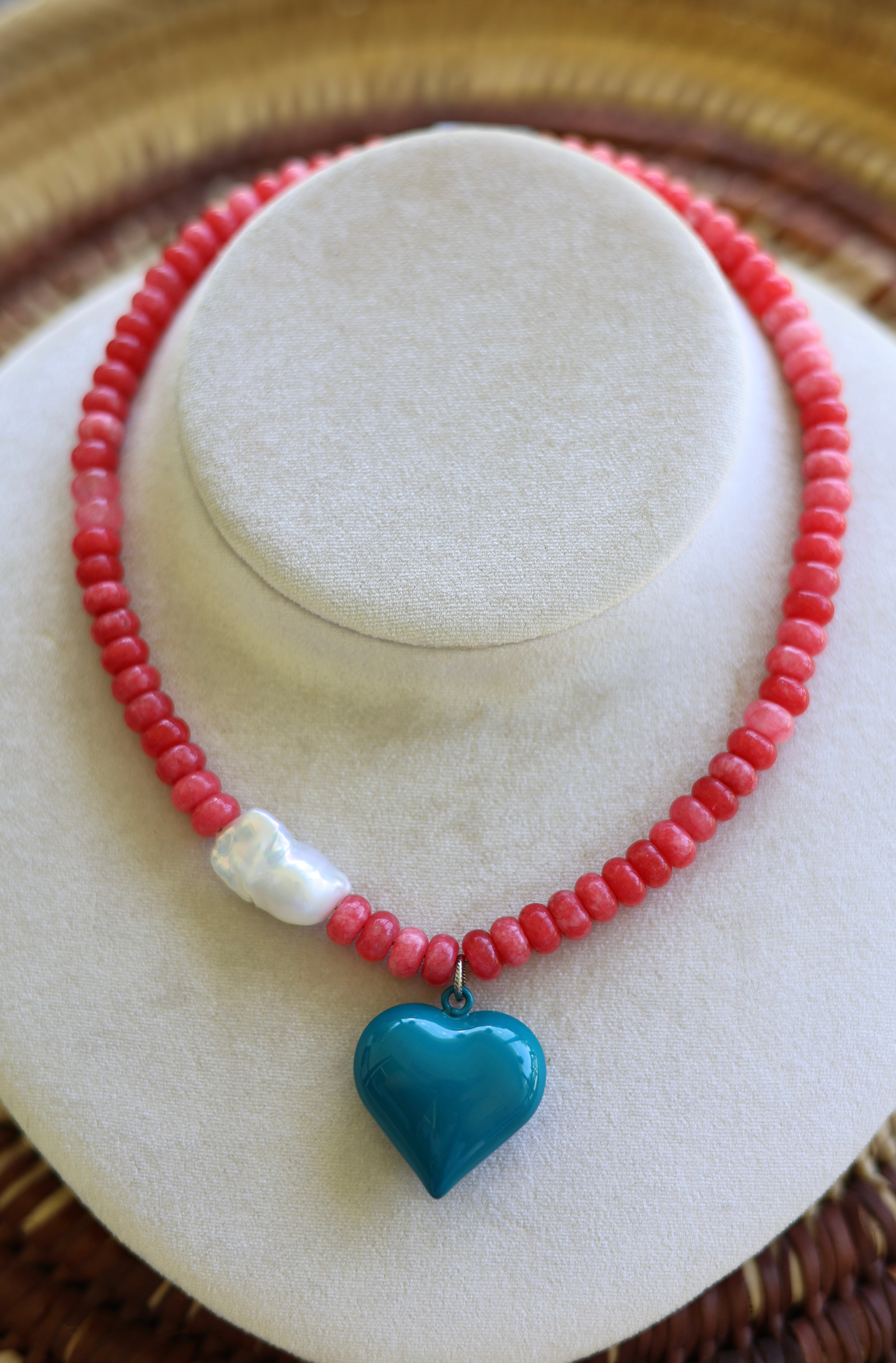 Cherry Quartz & Freshwater Pearl Heart Necklace 16”