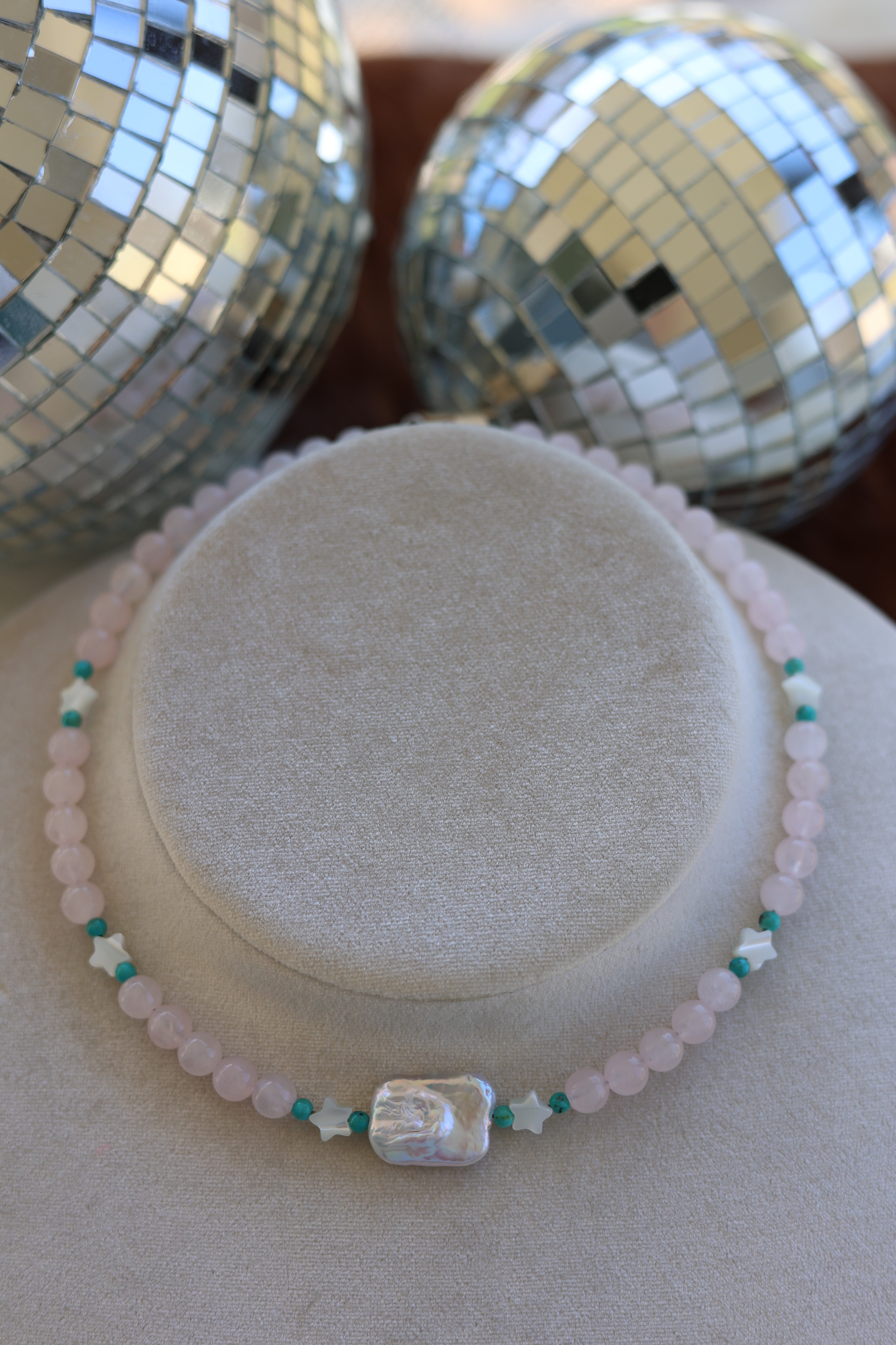 Rose Quartz, Sonoran Turquoise, & Pearl Necklace 15-17”