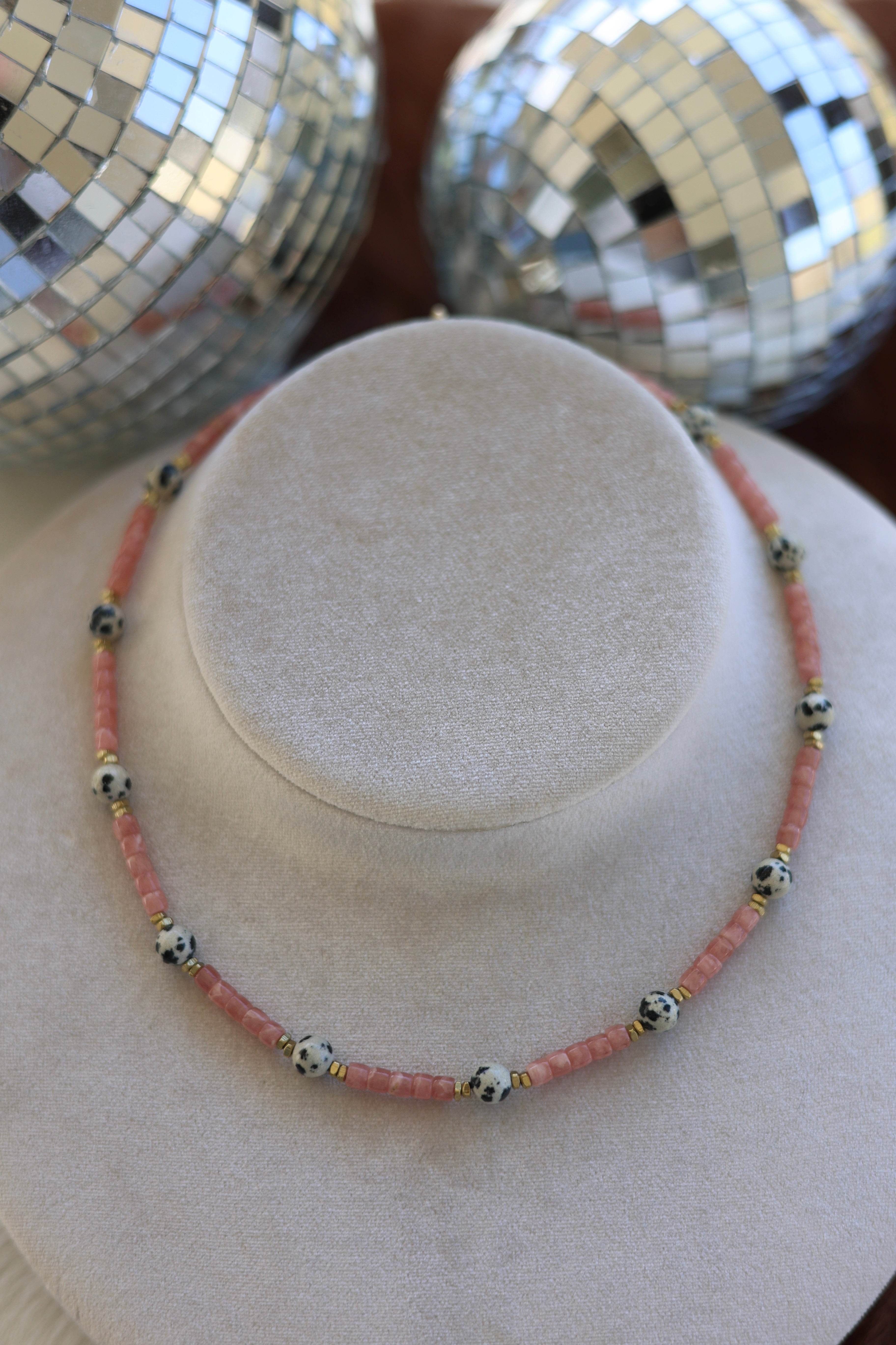 Rhodochrosite & Dalmatian Jasper Necklace 16”