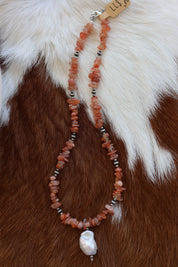 Sunstone & Freshwater Pearl Necklace 16-18”