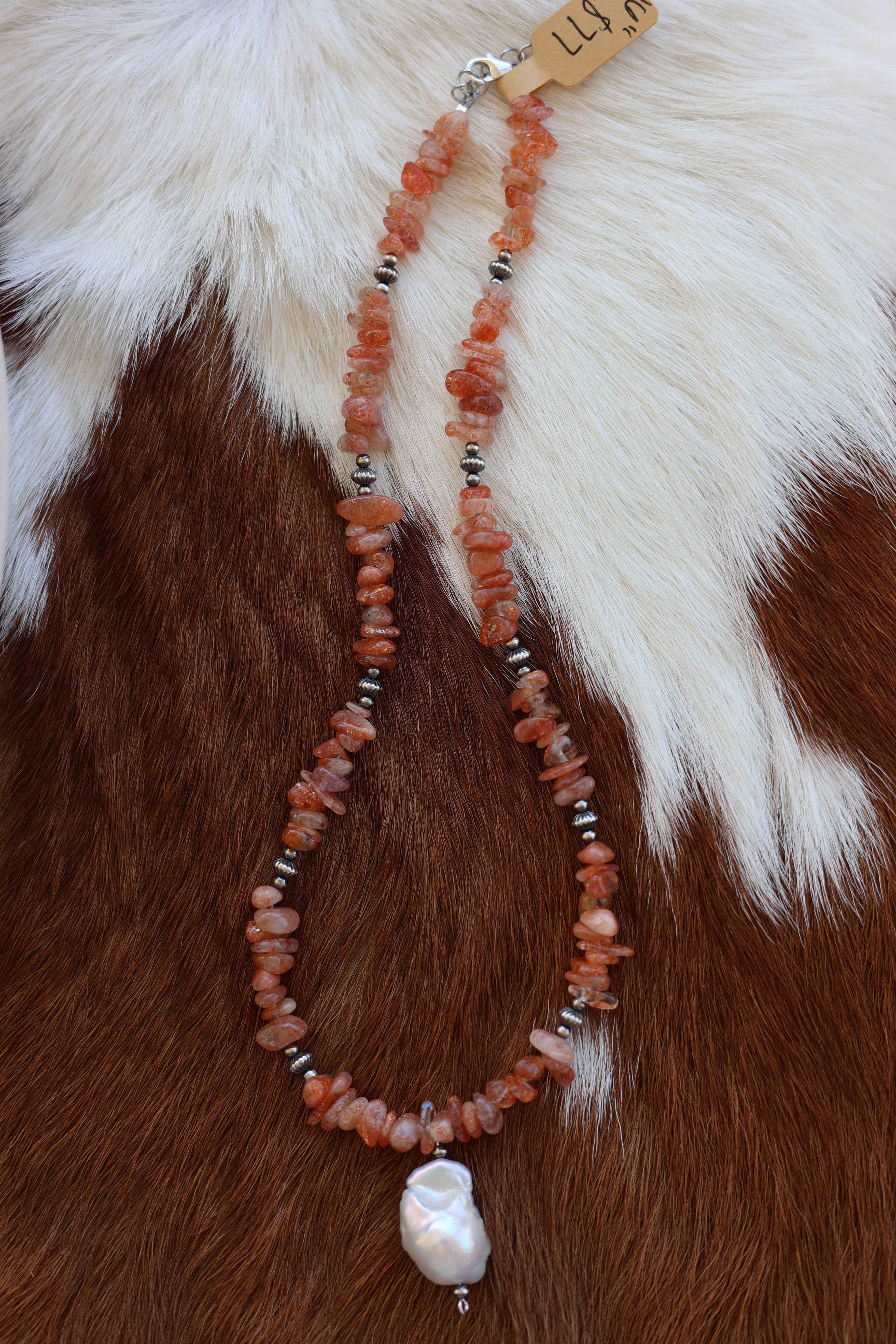 Sunstone & Freshwater Pearl Necklace 16-18”