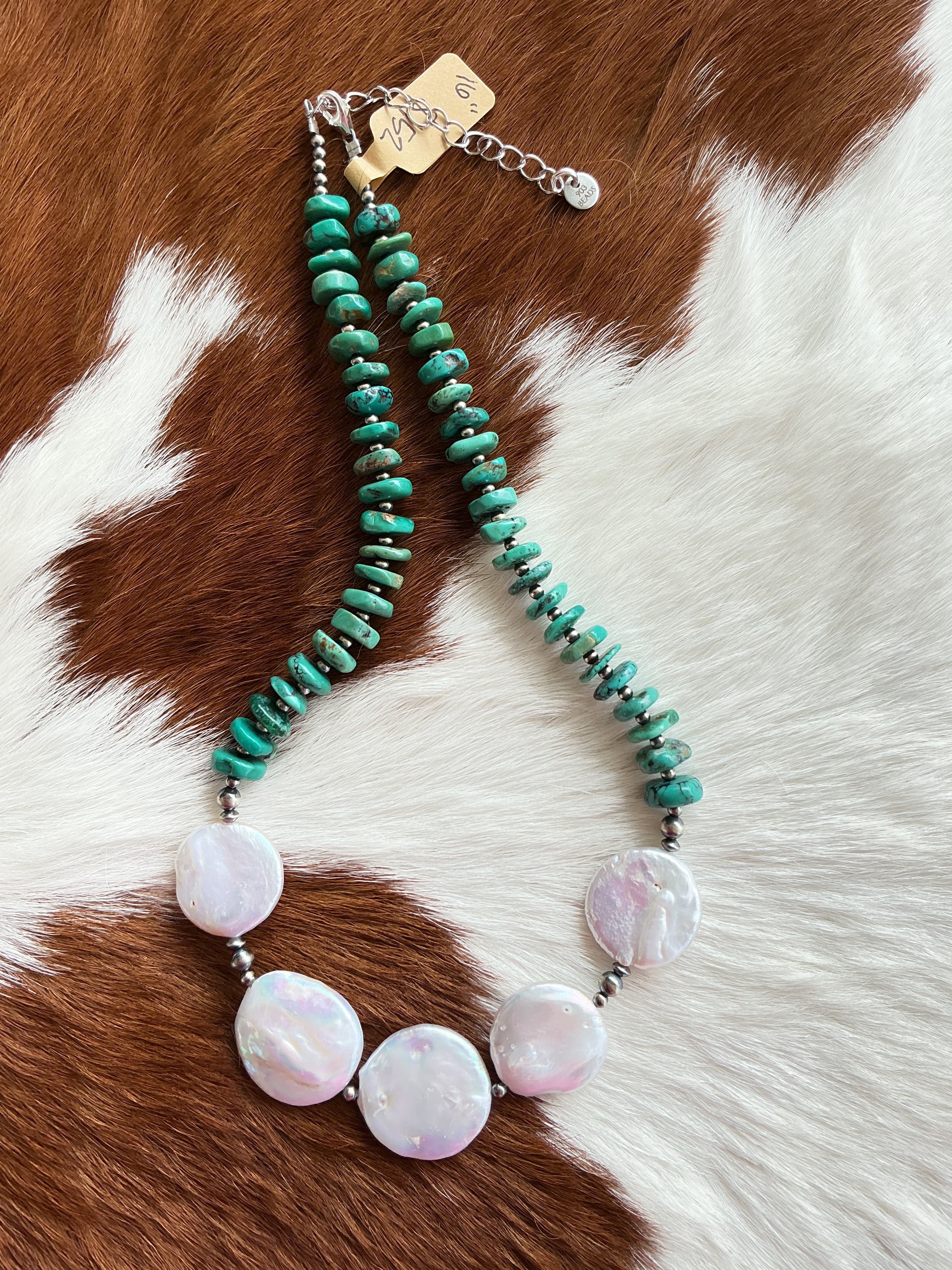 Hubei Turquoise & Freshwater Pearl Necklace 16-18”