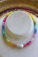 Rainbow Gemstone & Freshwater Pearl Necklace 15-17”