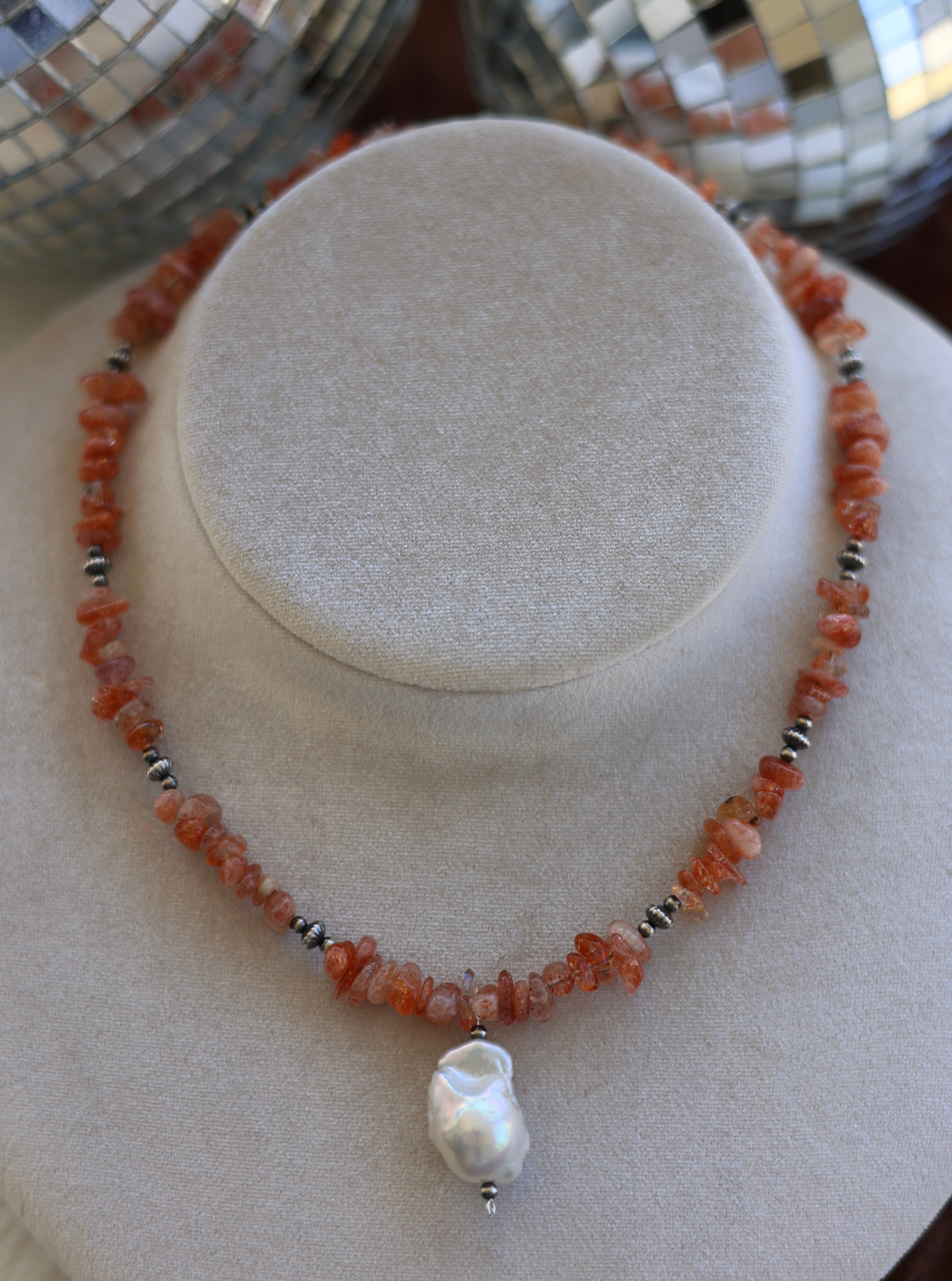 Sunstone & Freshwater Pearl Necklace 16-18”