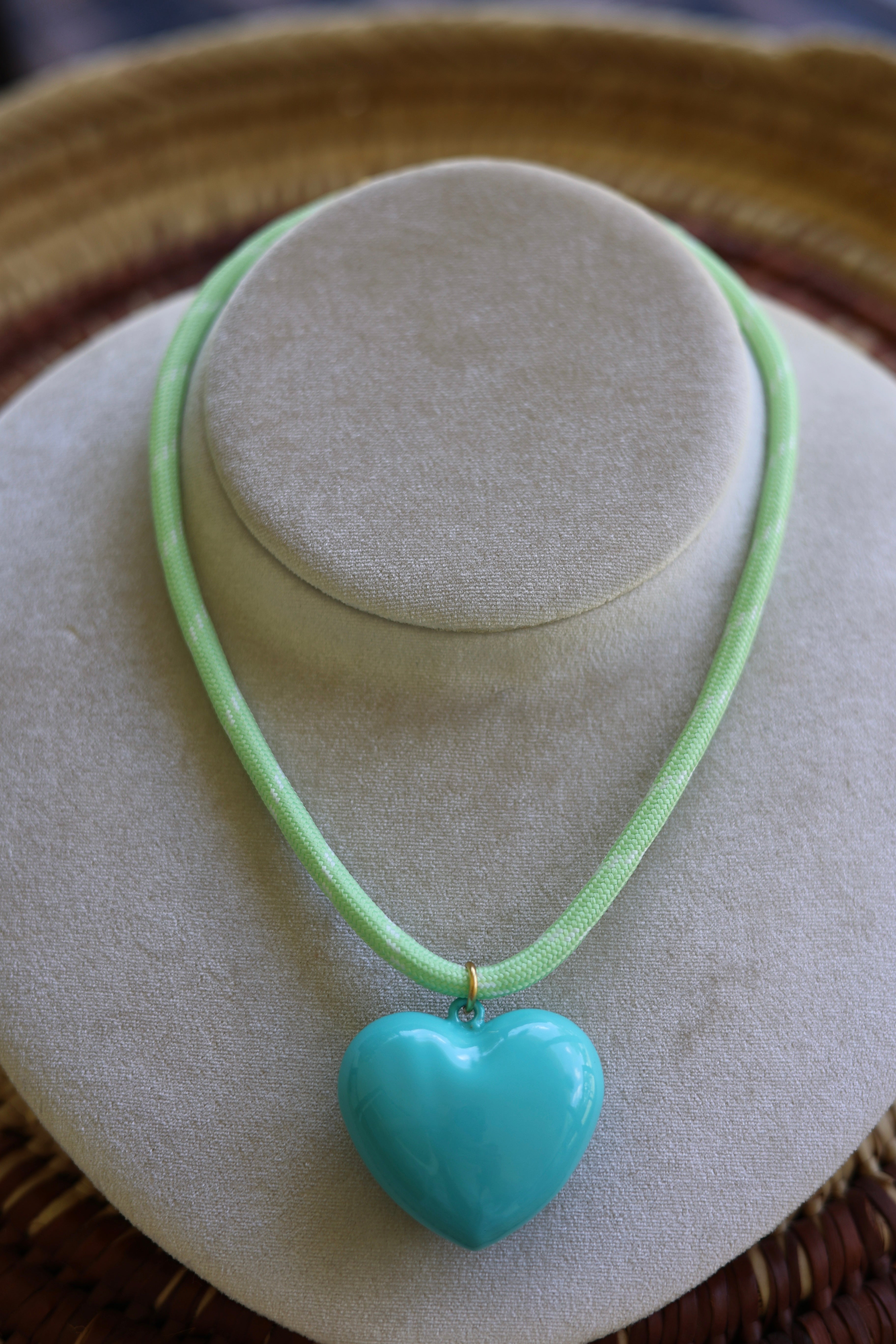 Green Cord & Teal Heart Necklace 16-18”