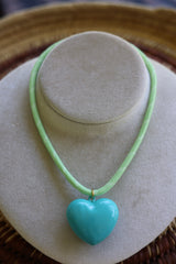 Green Cord & Teal Heart Necklace 16-18”