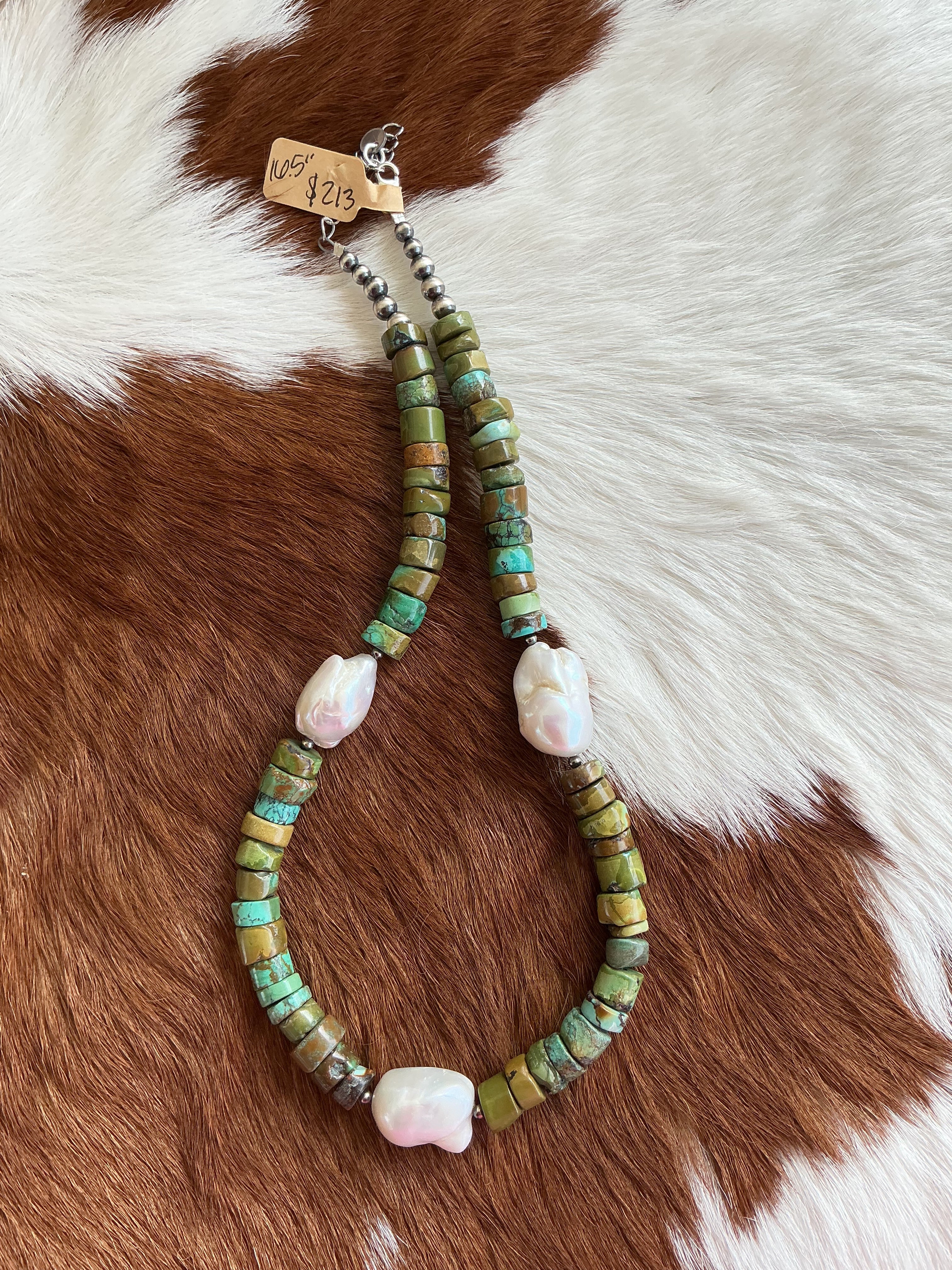 Vintage Hubei Turquoise & Freshwater Pearl Necklace 16.5-18.5”