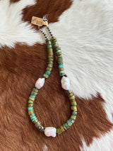 Vintage Hubei Turquoise & Freshwater Pearl Necklace 16.5-18.5”