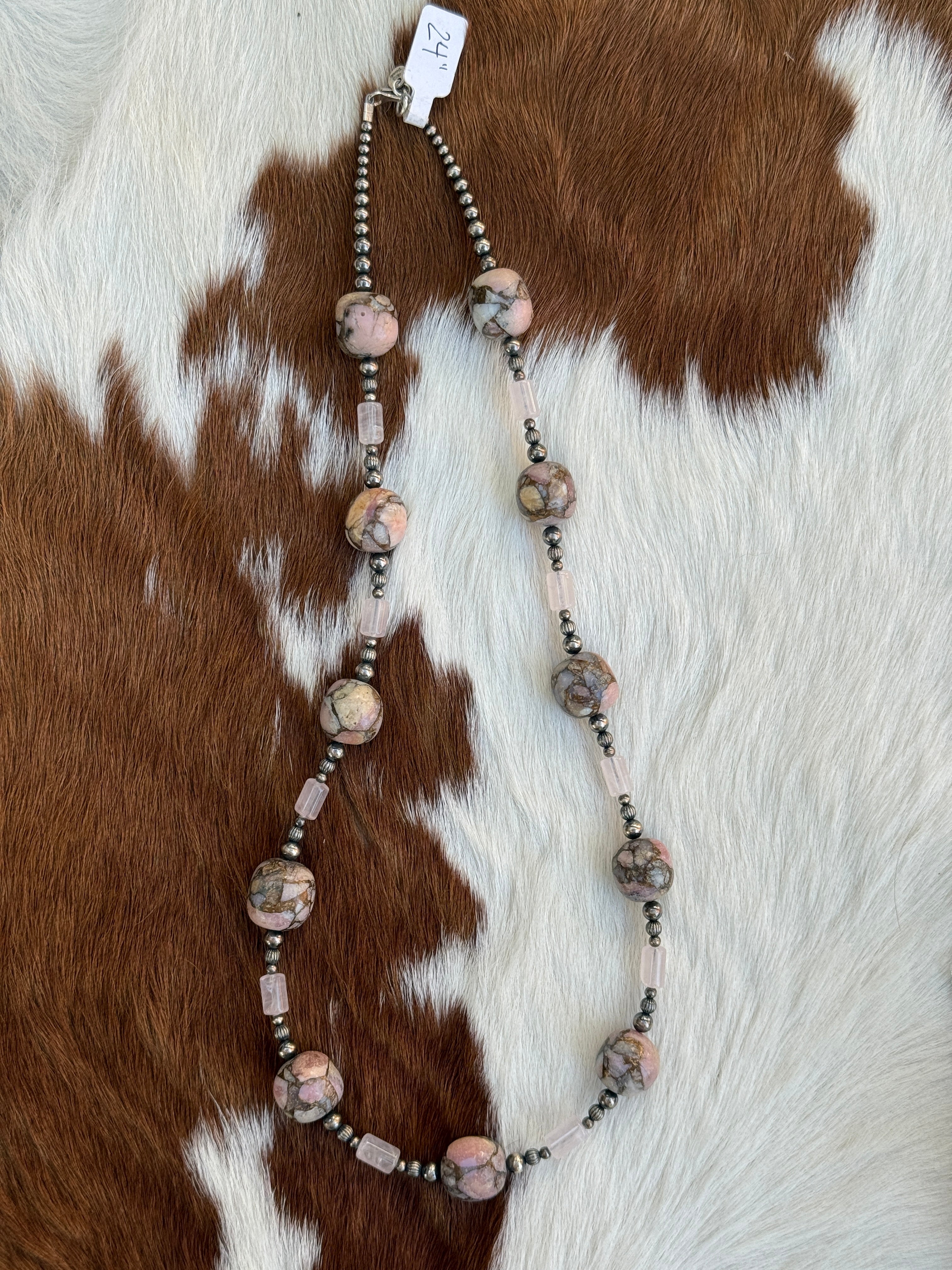 Bronze Pink Opal & Rose Quartz Necklace 24”